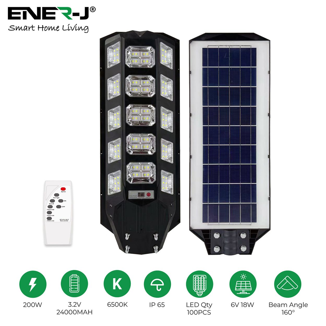 200W LED Solar Street Light with Sensors and Remote, IP66 Waterproof, High-Efficiency Solar Panels