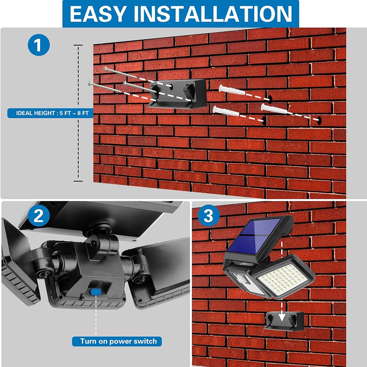 Solar Powered 3 Heads LED Wall Light with Motion Sensor & Remote
