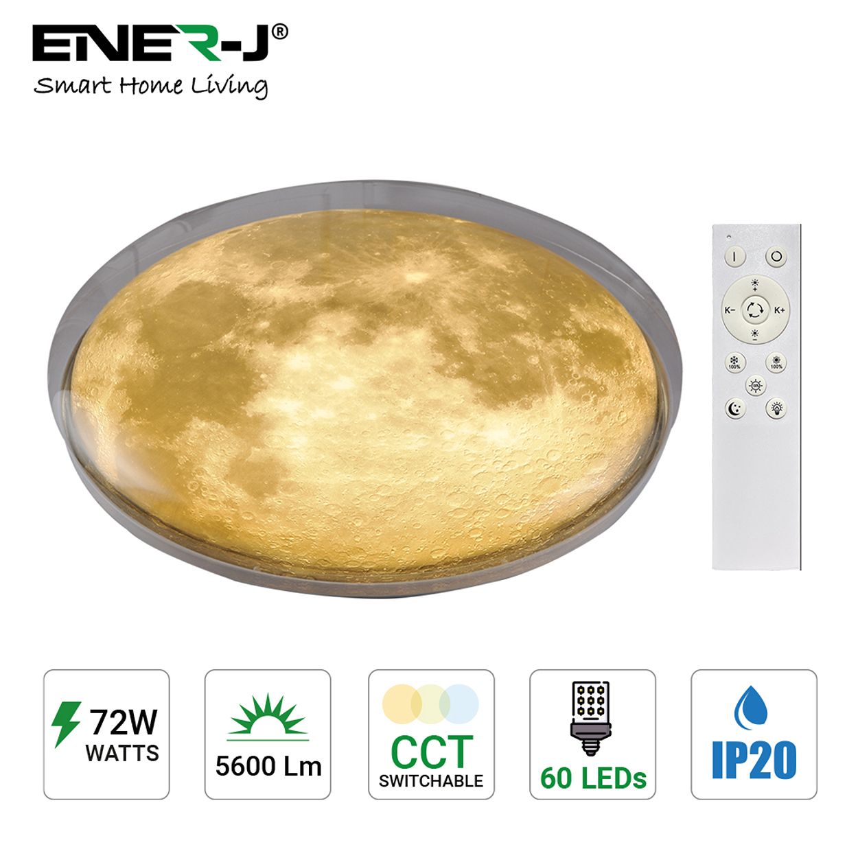 Ener-j 72W Double-Layer Moon Ceiling or Wall Light with Remote Dimming, 500mm Diameter, IP20