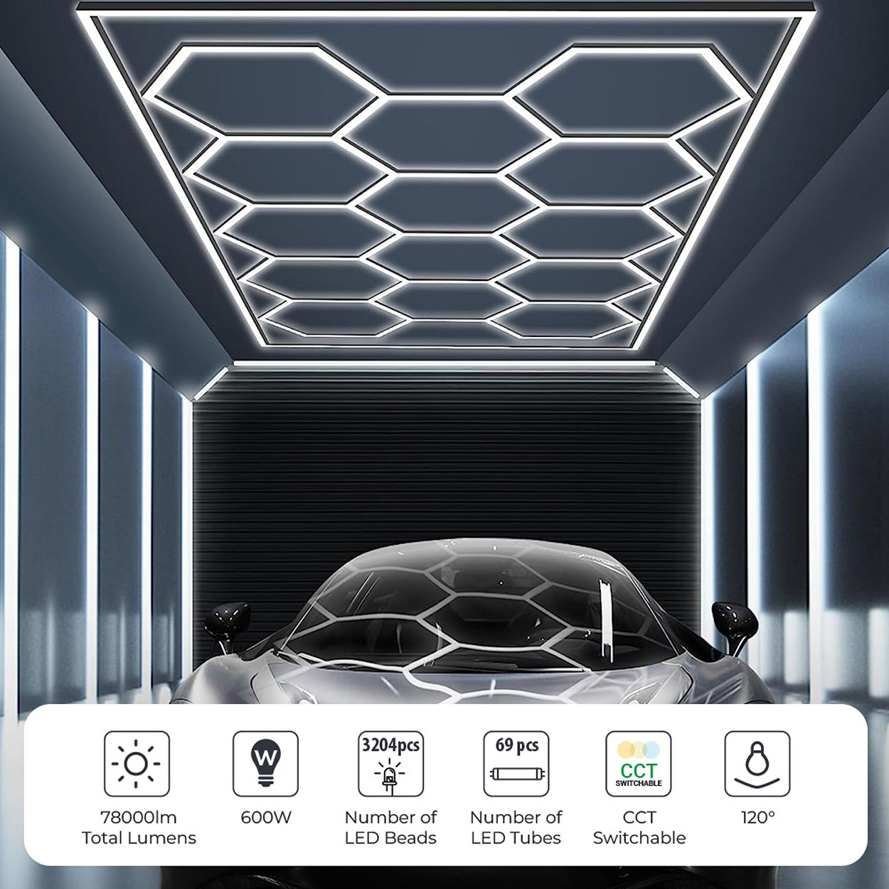 600W LED Hexagon Showroom Light 14 Hexagons with Border Lighting Kit, 69 Tubes, CCT Switchable