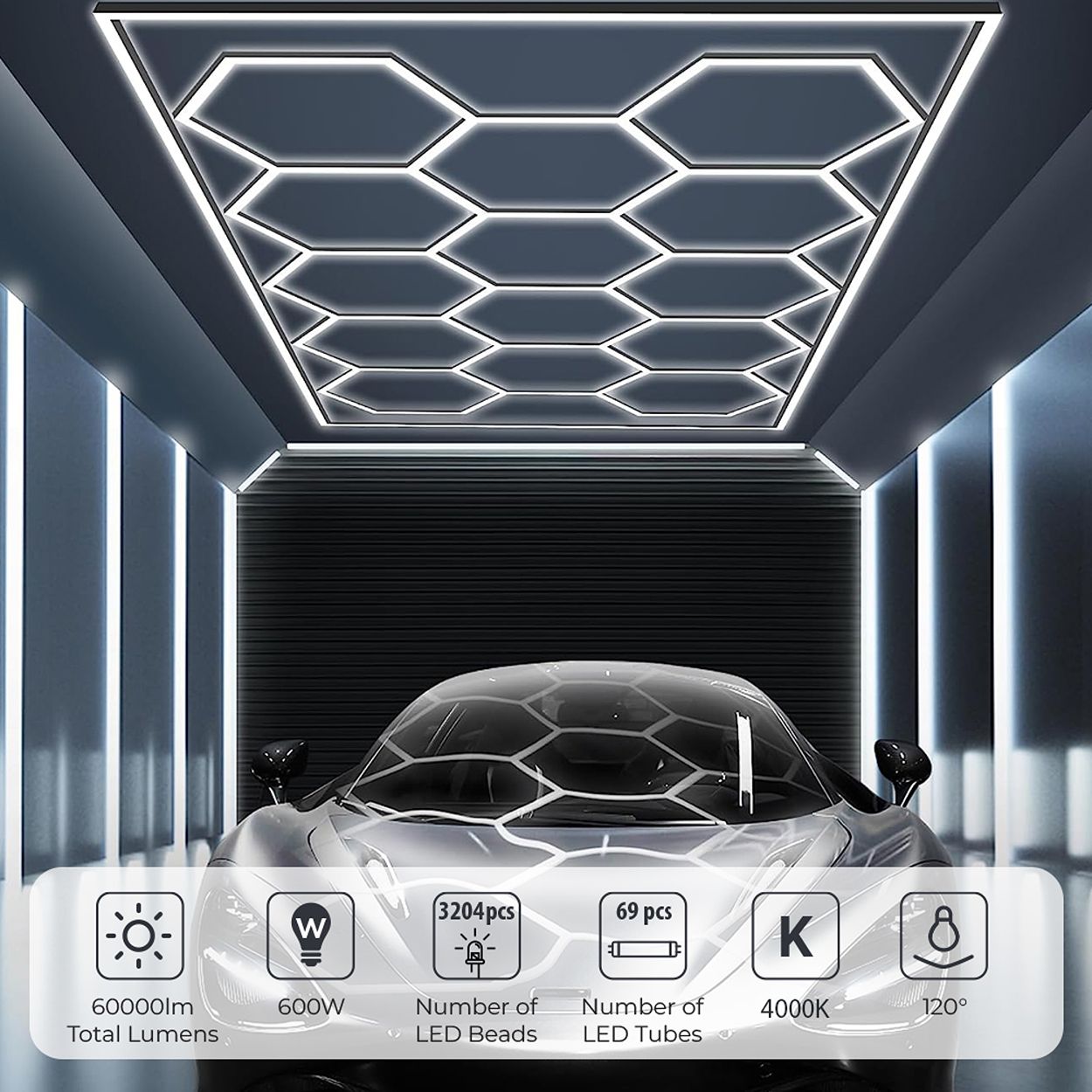 600W LED Hexagon Showroom Light - Hexa-Tube LED Panel Lighting Kit, 69 Tubes, 4000K