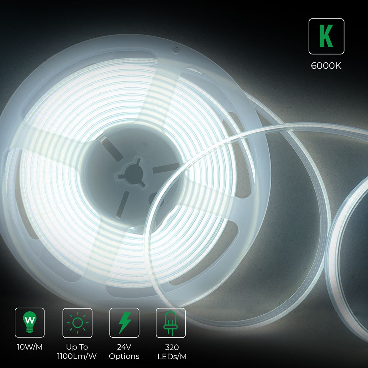 5m 24V COB LED Strip Lights 6000K, IP20