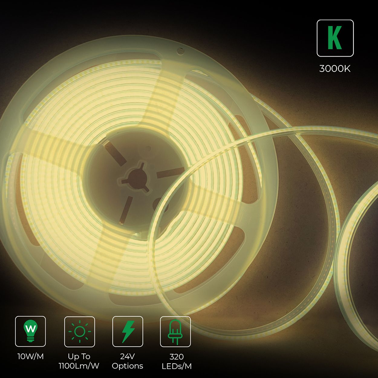 5m 24V COB LED Strip Lights 3000K, IP20