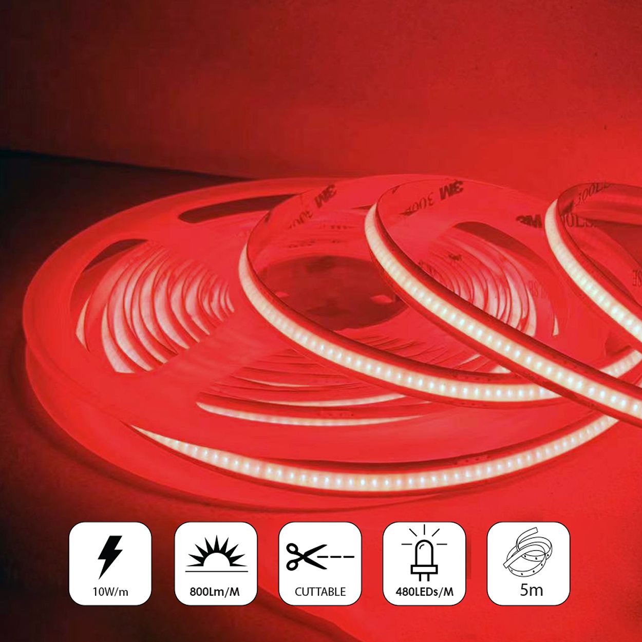 5 meters COB LED Strip Light 24V, Red, IP20