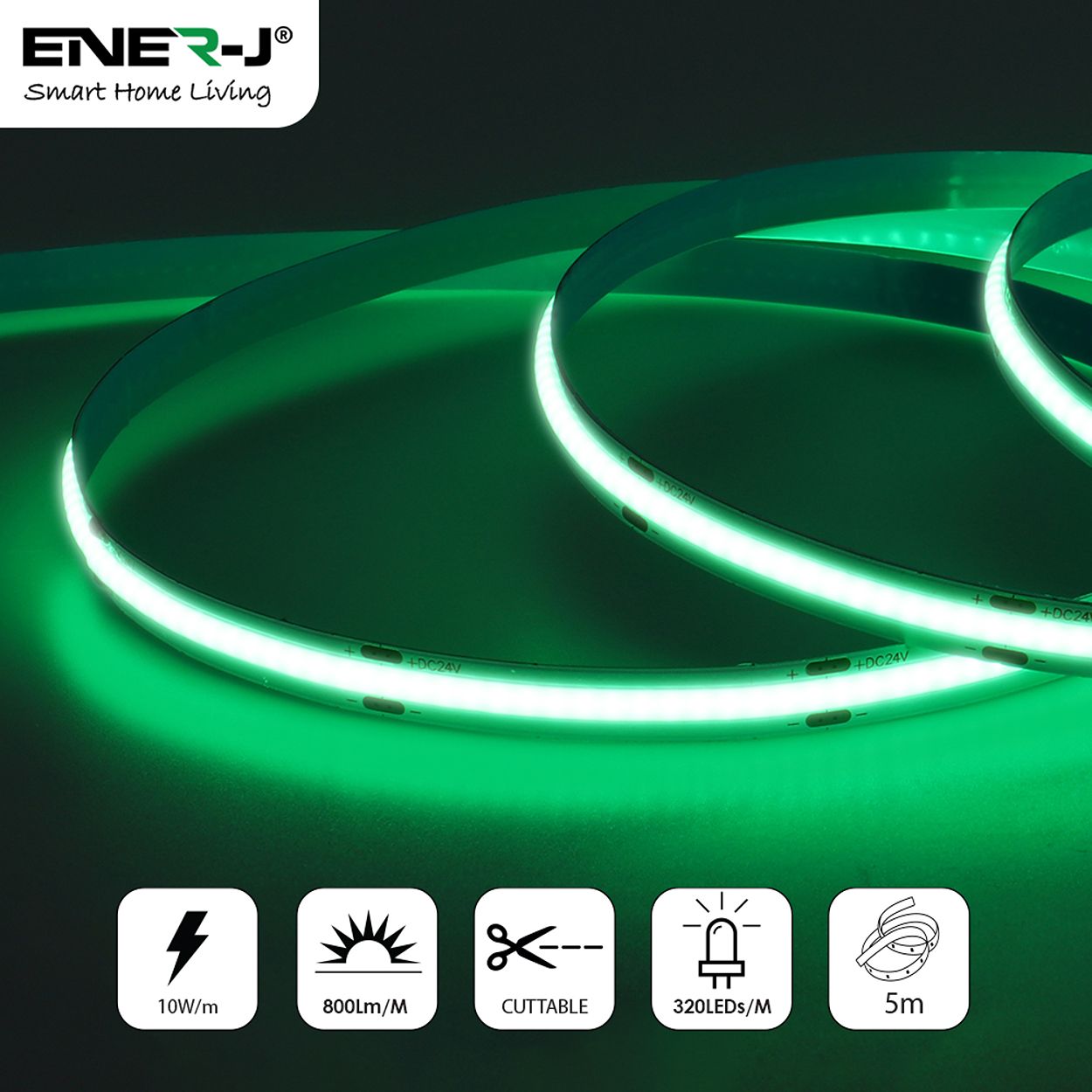 5 meters COB LED Strip Light 24V, Green, IP20