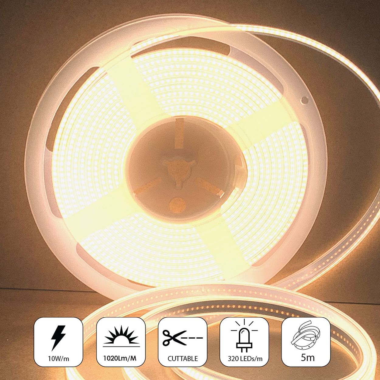 5m 24V COB LED Strip Lights 4000K, IP65