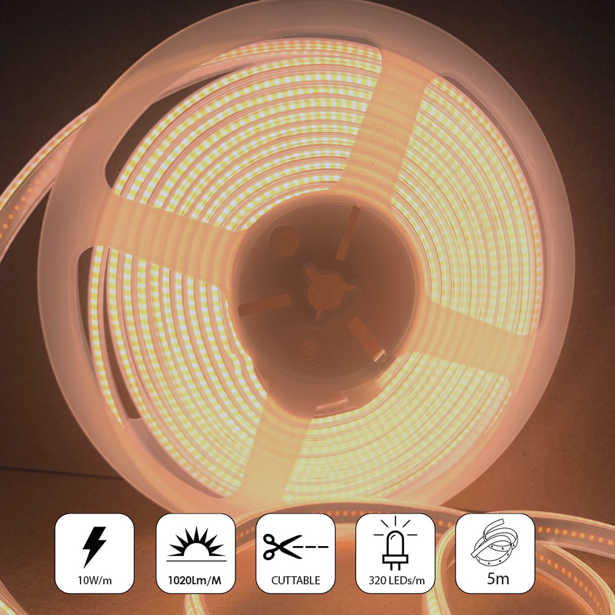 5m 24V COB LED Strip Lights 3000K, IP65