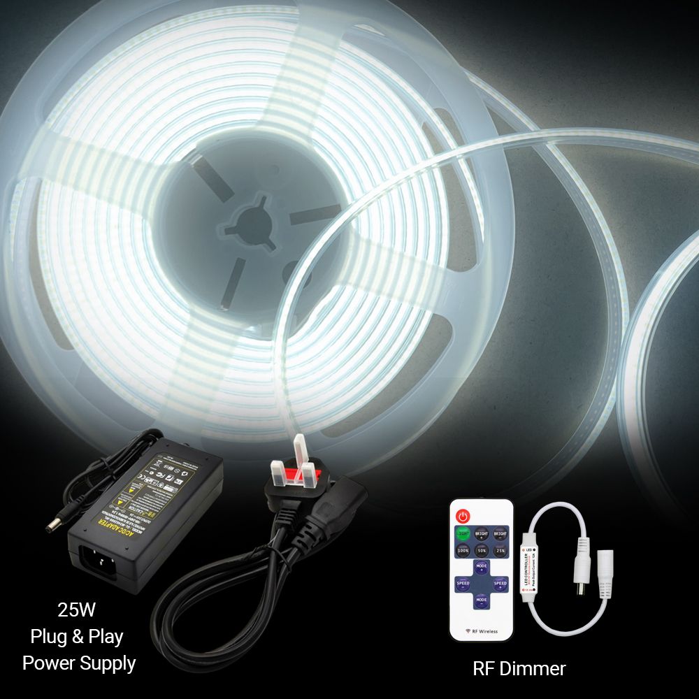 Plug and Play 24V Dotless COB LED Strip Kit 5m & Dimming Controller & Remote, UK Plug 6500K