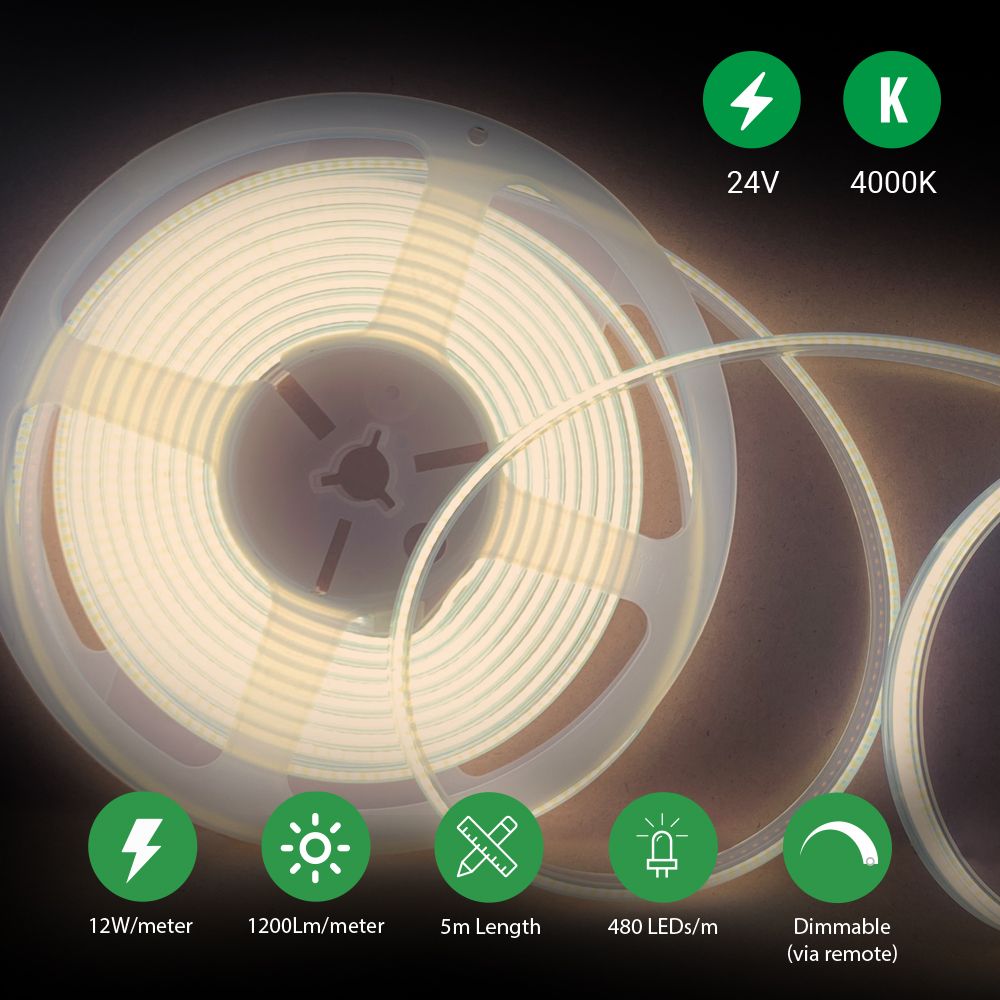 Plug and Play 24V Dotless COB LED Strip Kit 5m & Dimming Controller & Remote, UK Plug 4000K