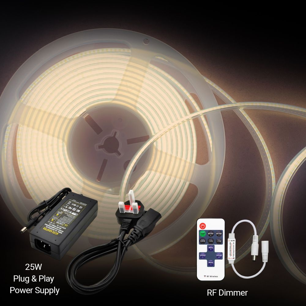 Plug and Play 24V Dotless COB LED Strip Kit 5m & Dimming Controller & Remote, UK Plug 4000K