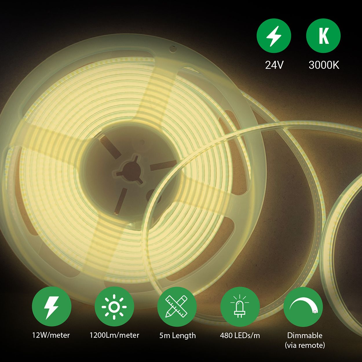 Plug and Play 24V Dotless COB LED Strip Kit 5m & Dimming Controller & Remote, UK Plug 3000K