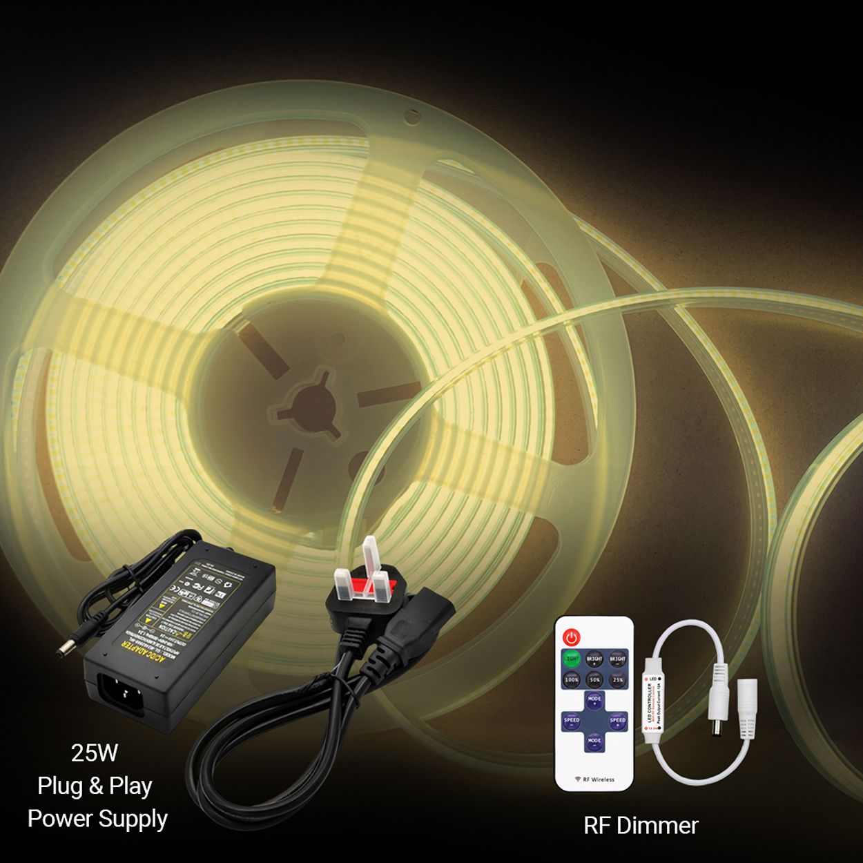 Plug and Play 24V Dotless COB LED Strip Kit 5m & Dimming Controller & Remote, UK Plug 3000K