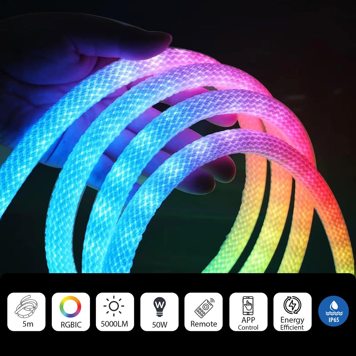 ENER-J NeonTwist RGBIC Braided Rope Light 5 m Kit with Remote Control