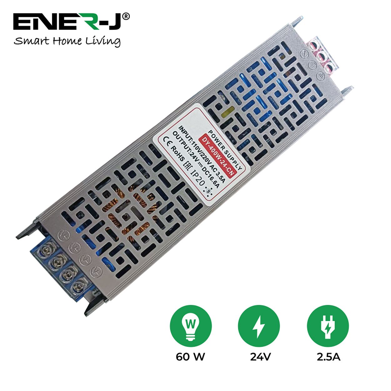 Ener-j 24V 2.5A Slim SMPS Metal Drivers 60W, IP20