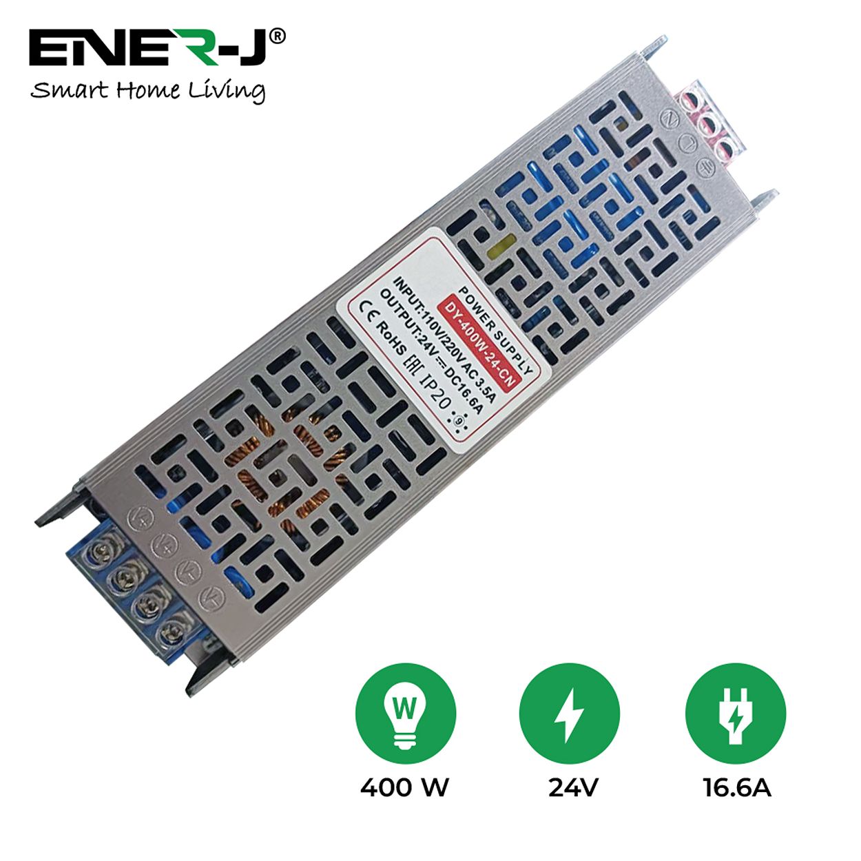 Ener-j 24V 16.6A Slim SMPS Metal Drivers 400W, IP20