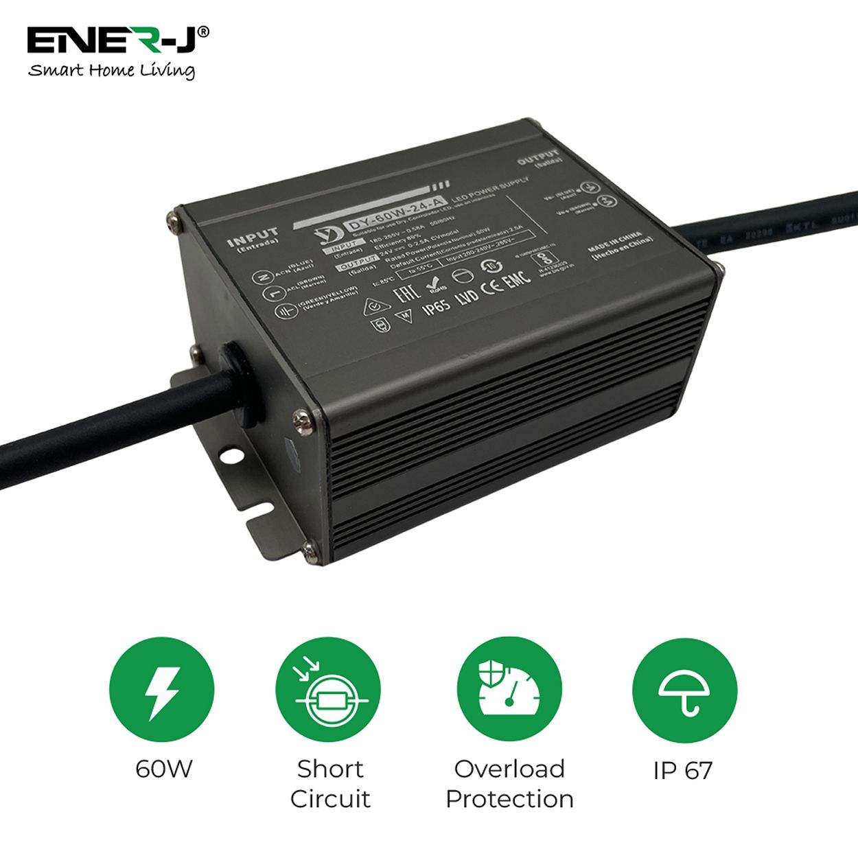ENER-J Waterproof 60W 24V Power Supply – Constant Voltage LED Driver (IP65/IP67 Rated)