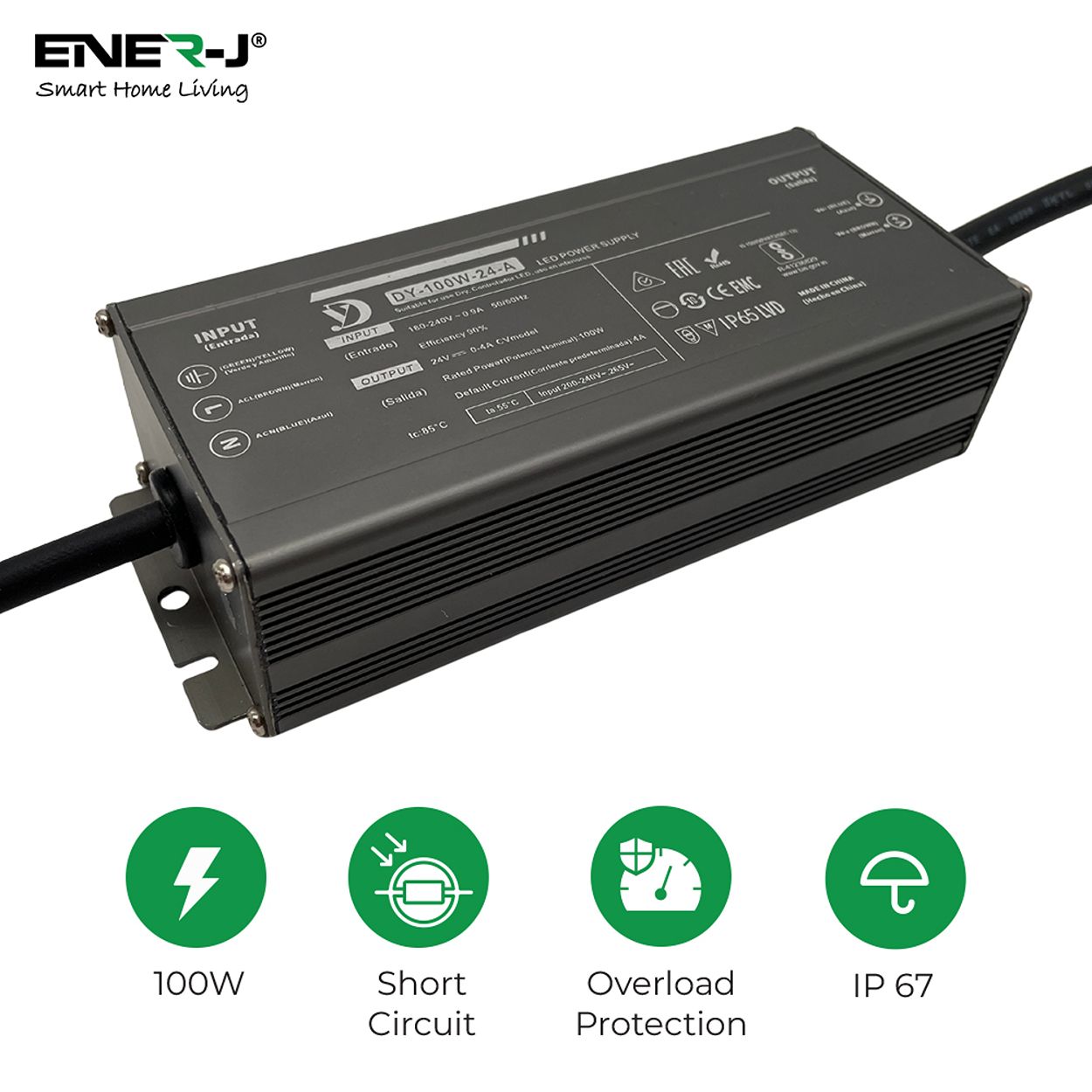 ENER-J Waterproof 100W 24V Power Supply – Constant Voltage LED Driver (IP65/IP67 Rated)