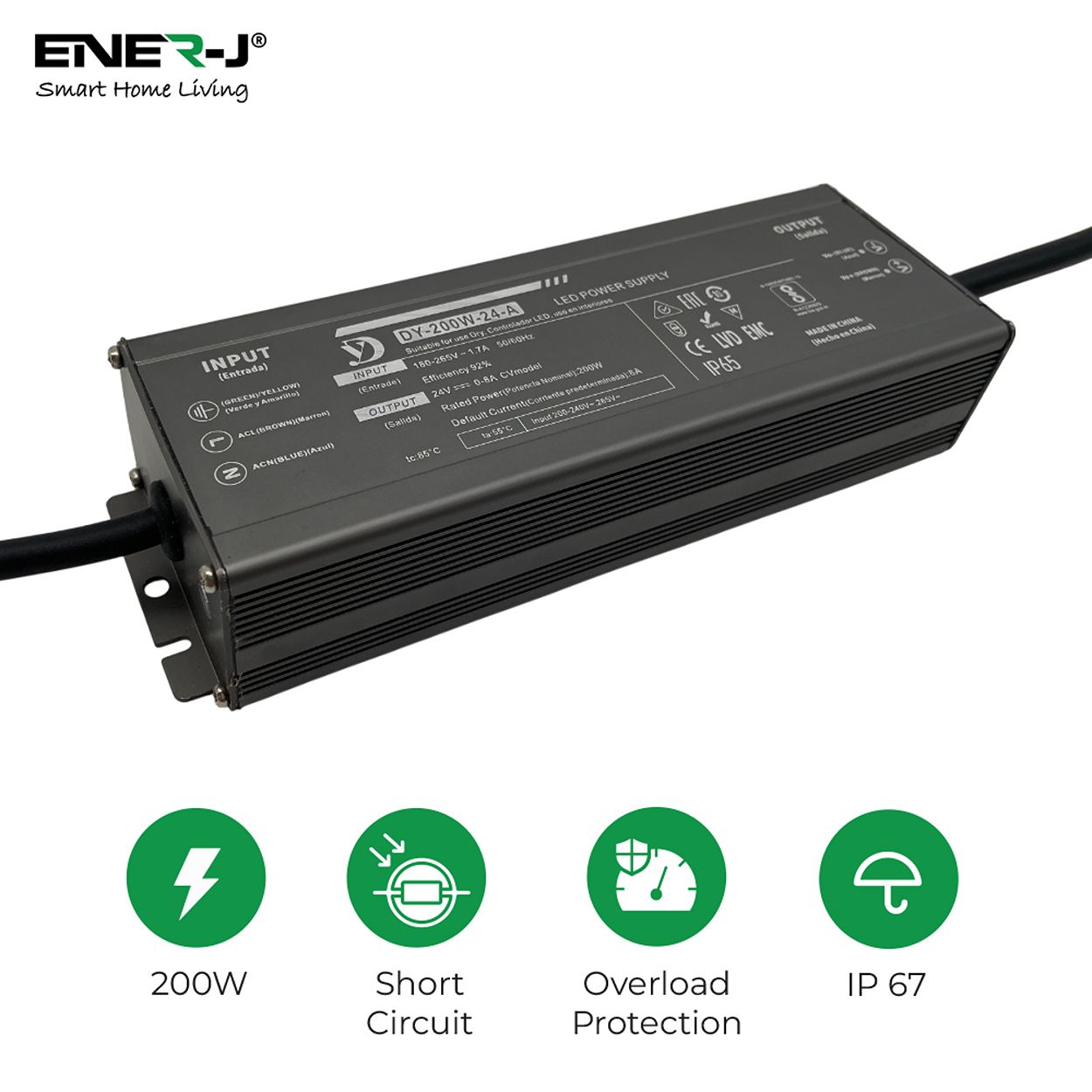 ENER-J Waterproof 200W 24V Power Supply – Constant Voltage LED Driver (IP65/IP67 Rated)