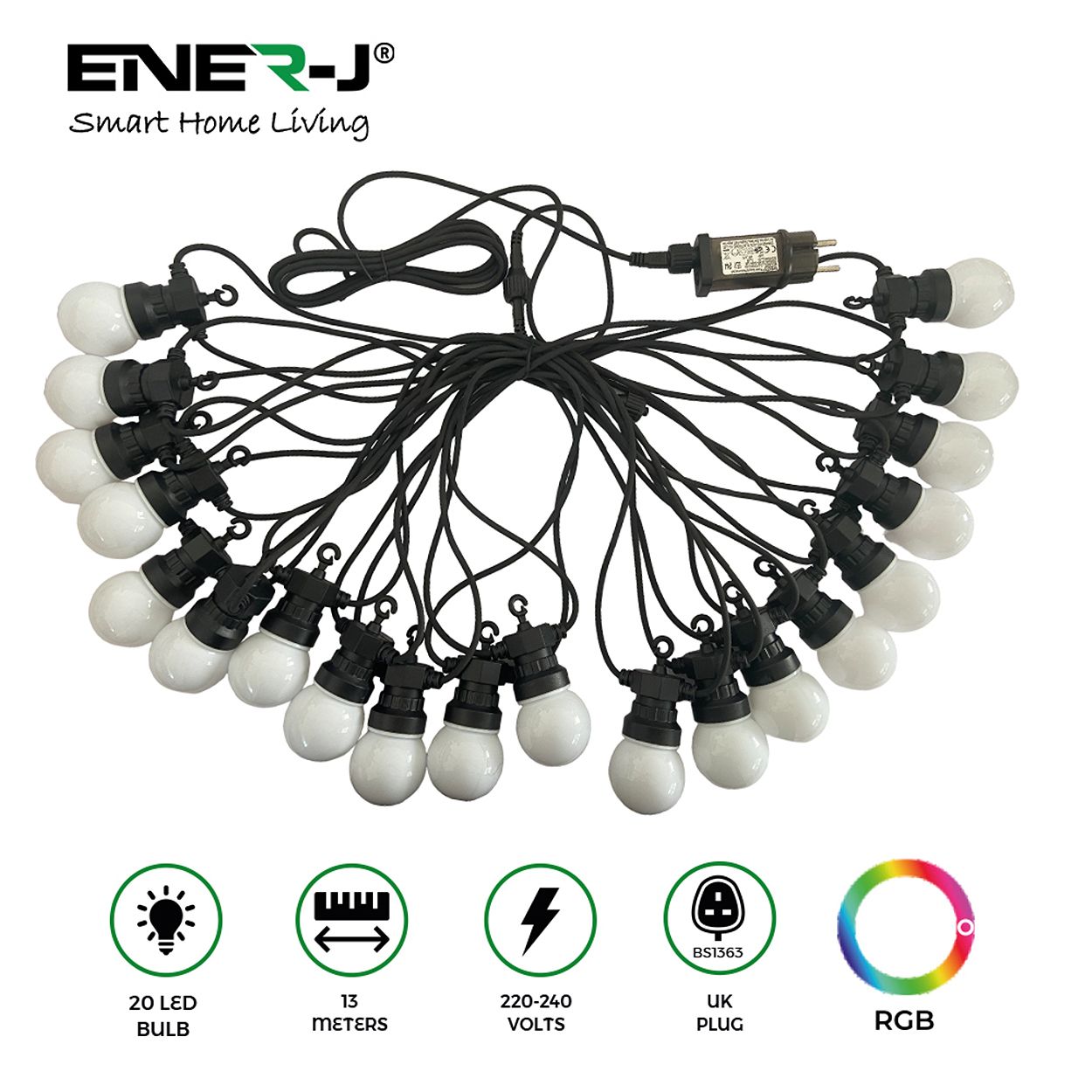 13 Meters RGB String Light Kit, 5V 5W (20 RGB Bulbs + IR Remote + UK Adapter)