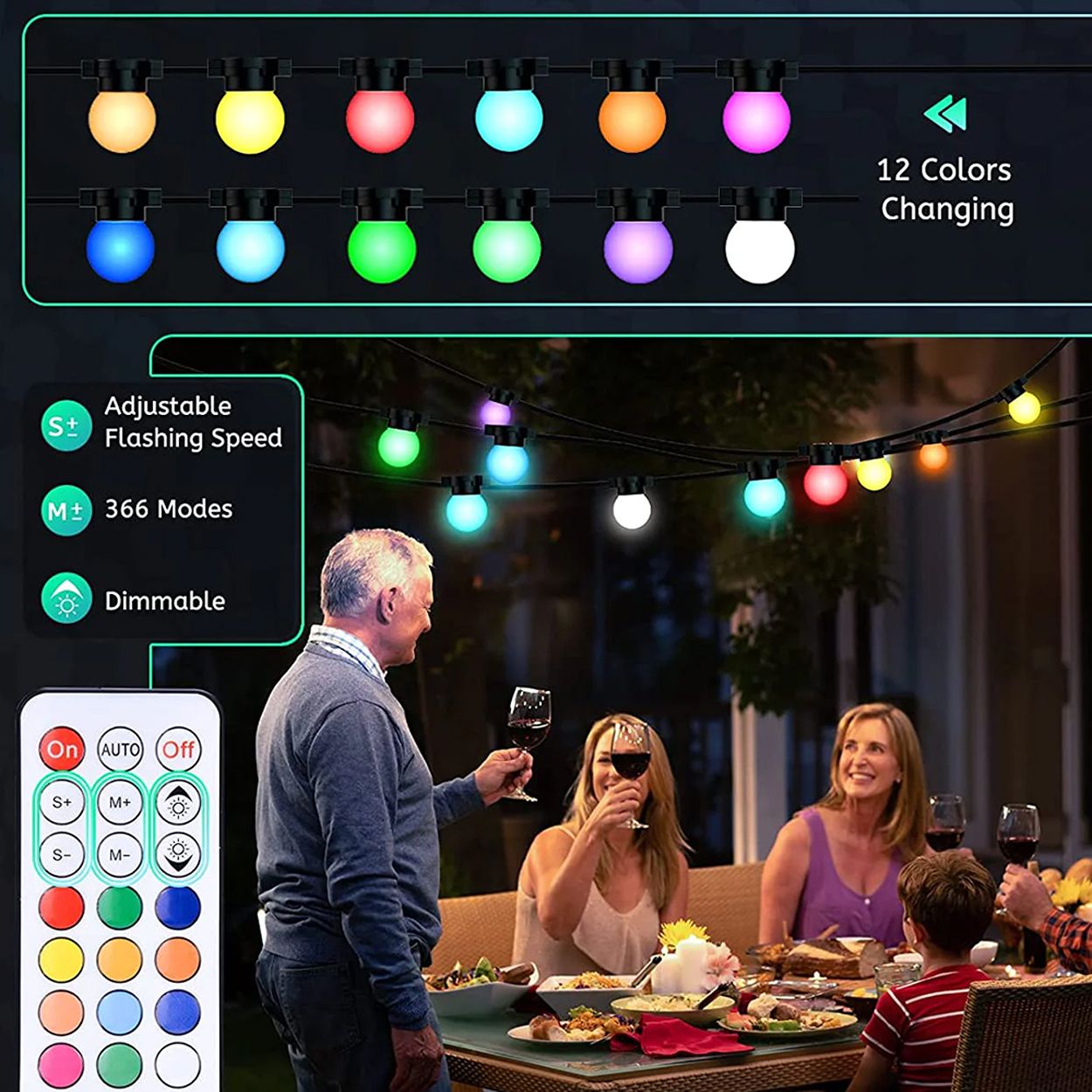 13 Meters RGB String Light Kit, 5V 5W (20 RGB Bulbs + IR Remote + UK Adapter)