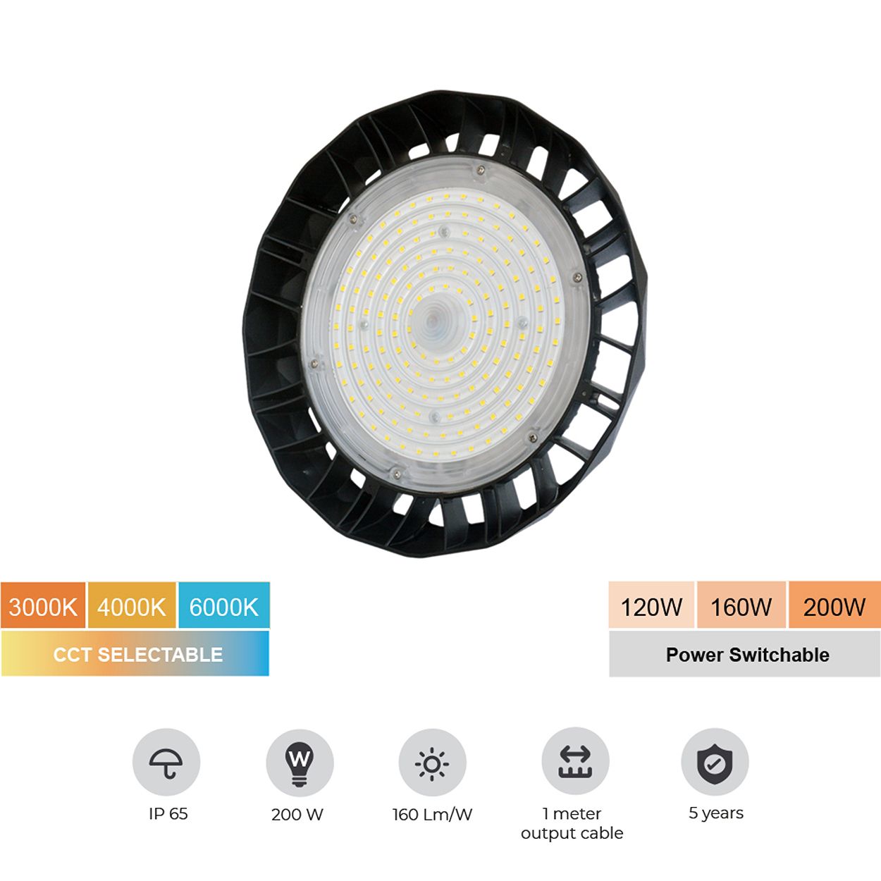 200W UFO LED Highbay, CCT & Power Selectable, IP65