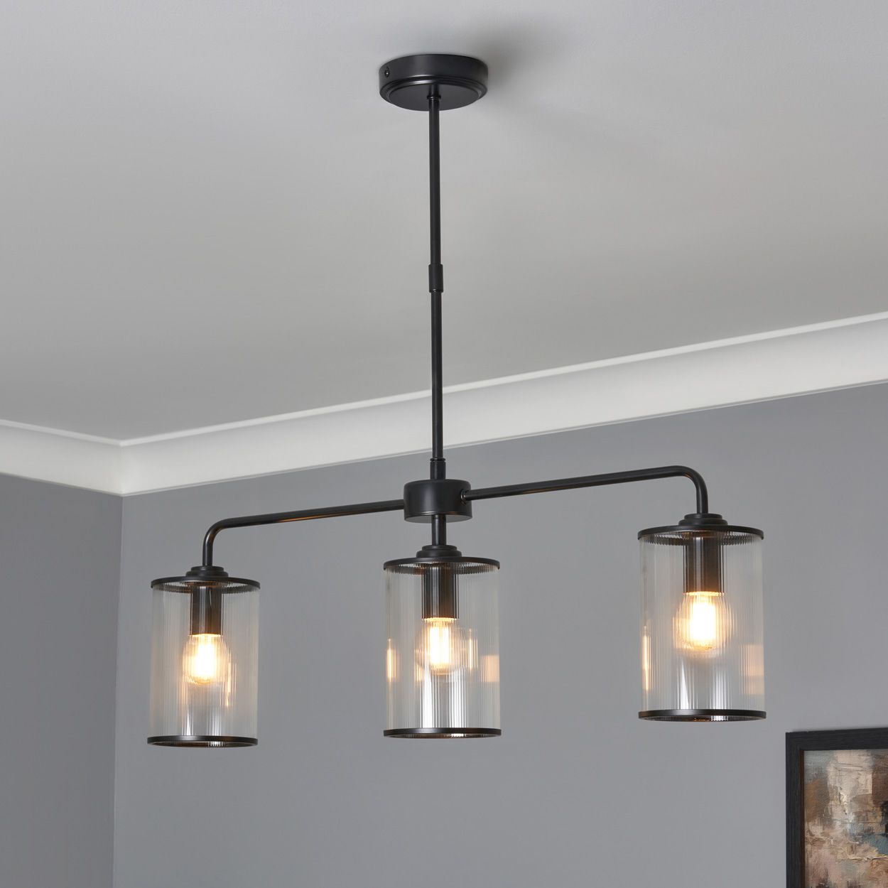 Abbey 3 Light Ribbed Glass Diner Pendant