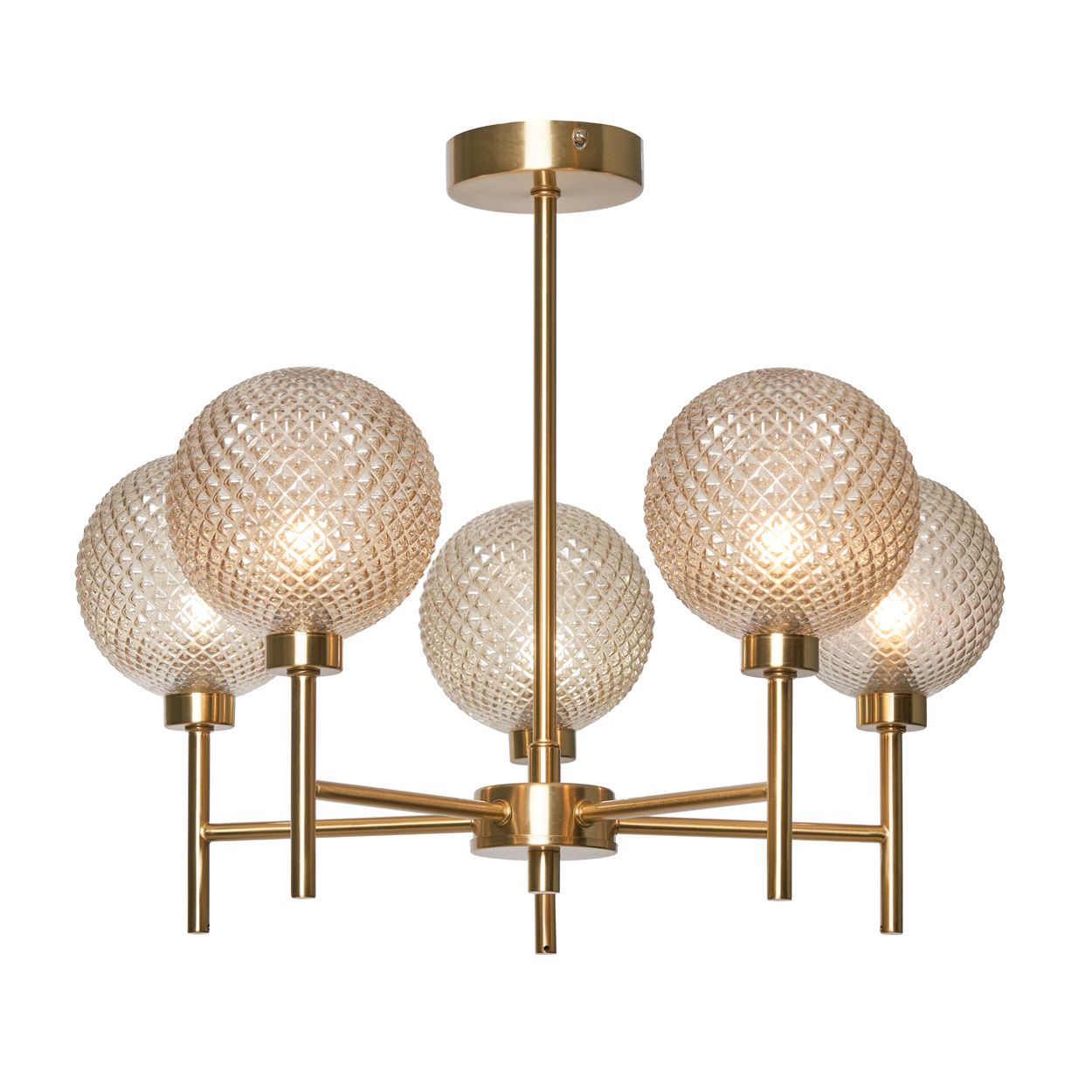 Malo Textured Glass Ball 5 Light Pendant Brass