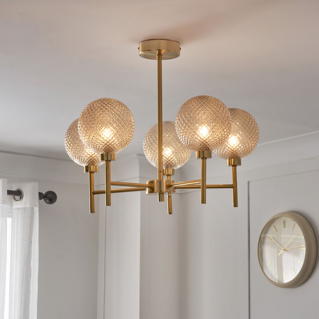 Malo Textured Glass Ball 5 Light Pendant Brass