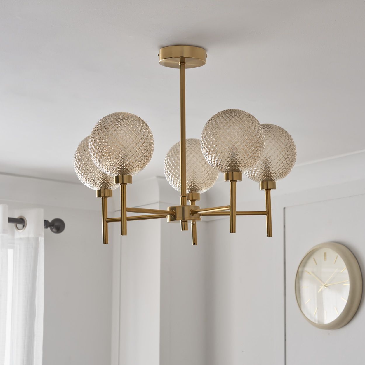 Malo Textured Glass Ball 5 Light Pendant Brass