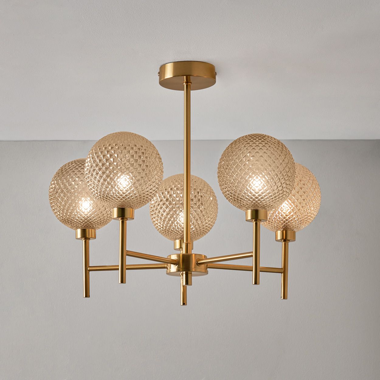 Malo Textured Glass Ball 5 Light Pendant Brass