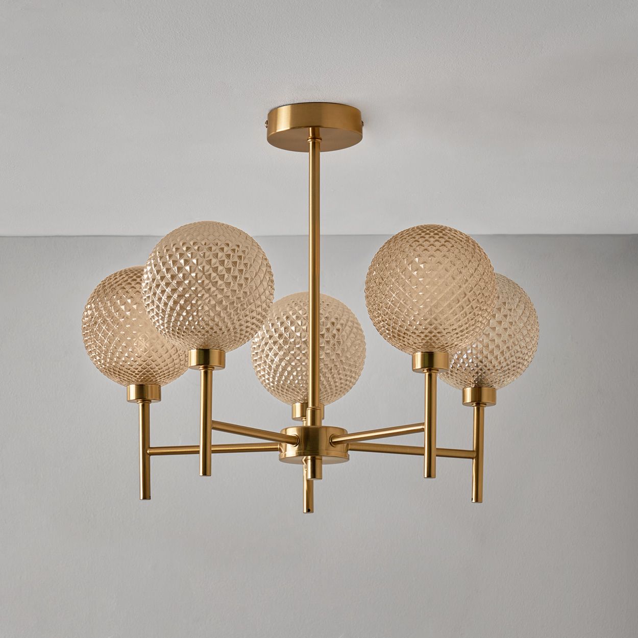 Malo Textured Glass Ball 5 Light Pendant Brass
