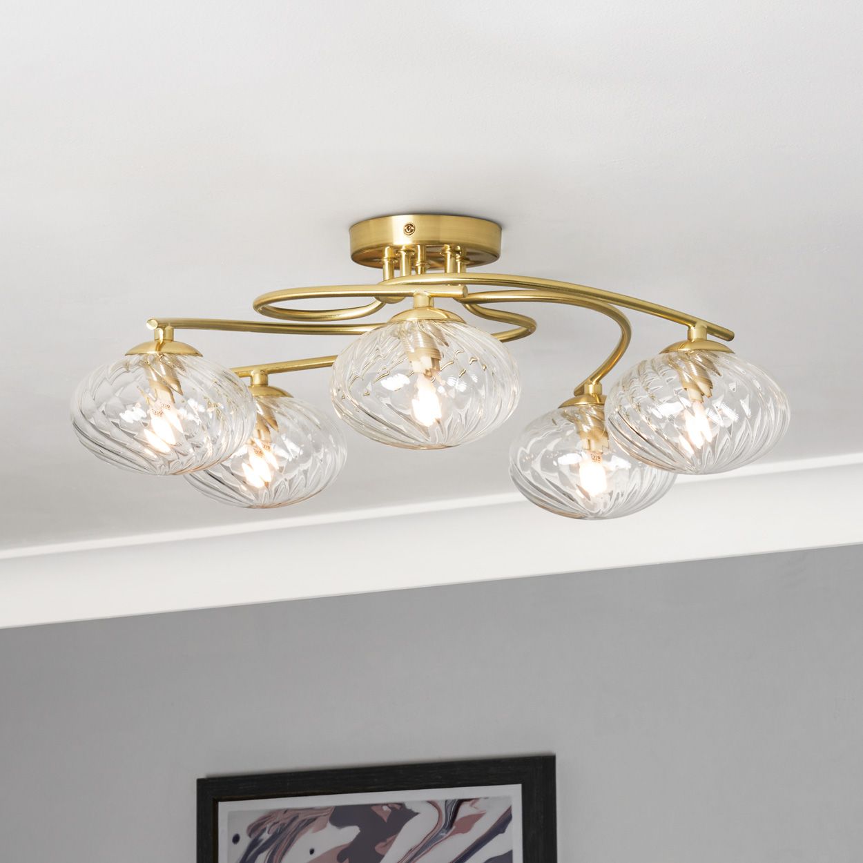 Croft 5 Light Swirl Ribbed Glass Flush Satin Brass