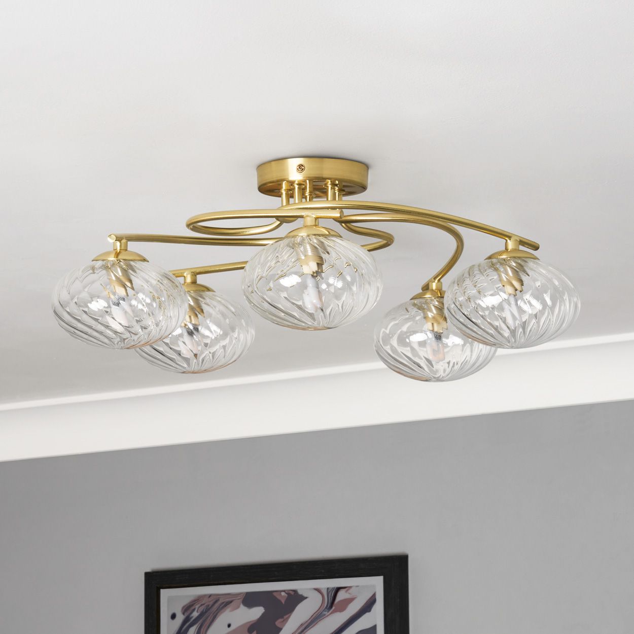 Croft 5 Light Swirl Ribbed Glass Flush Satin Brass