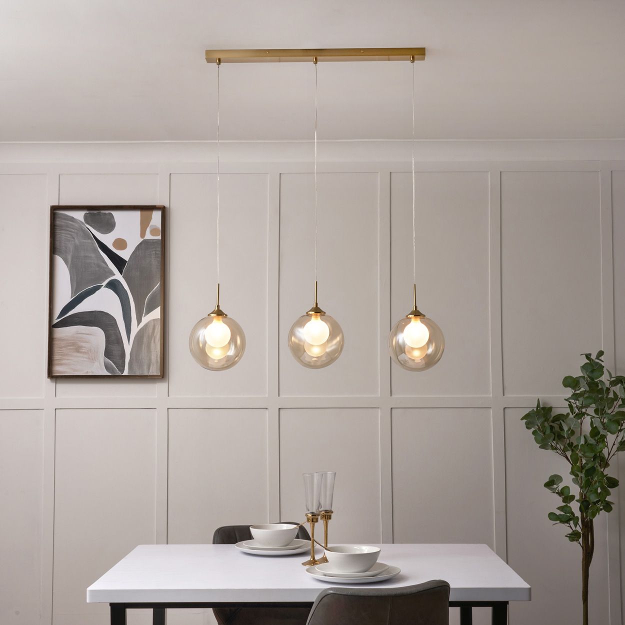 Capton 3 Light Glass Shade Diner Pendant Brass