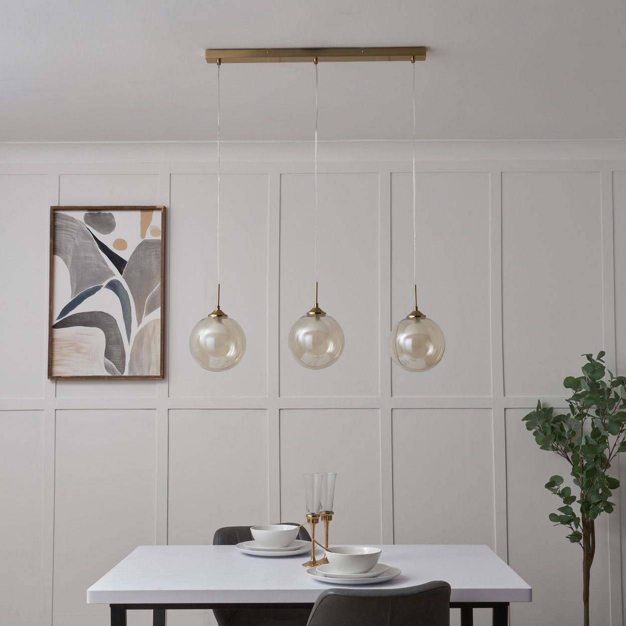 Capton 3 Light Glass Shade Diner Pendant Brass