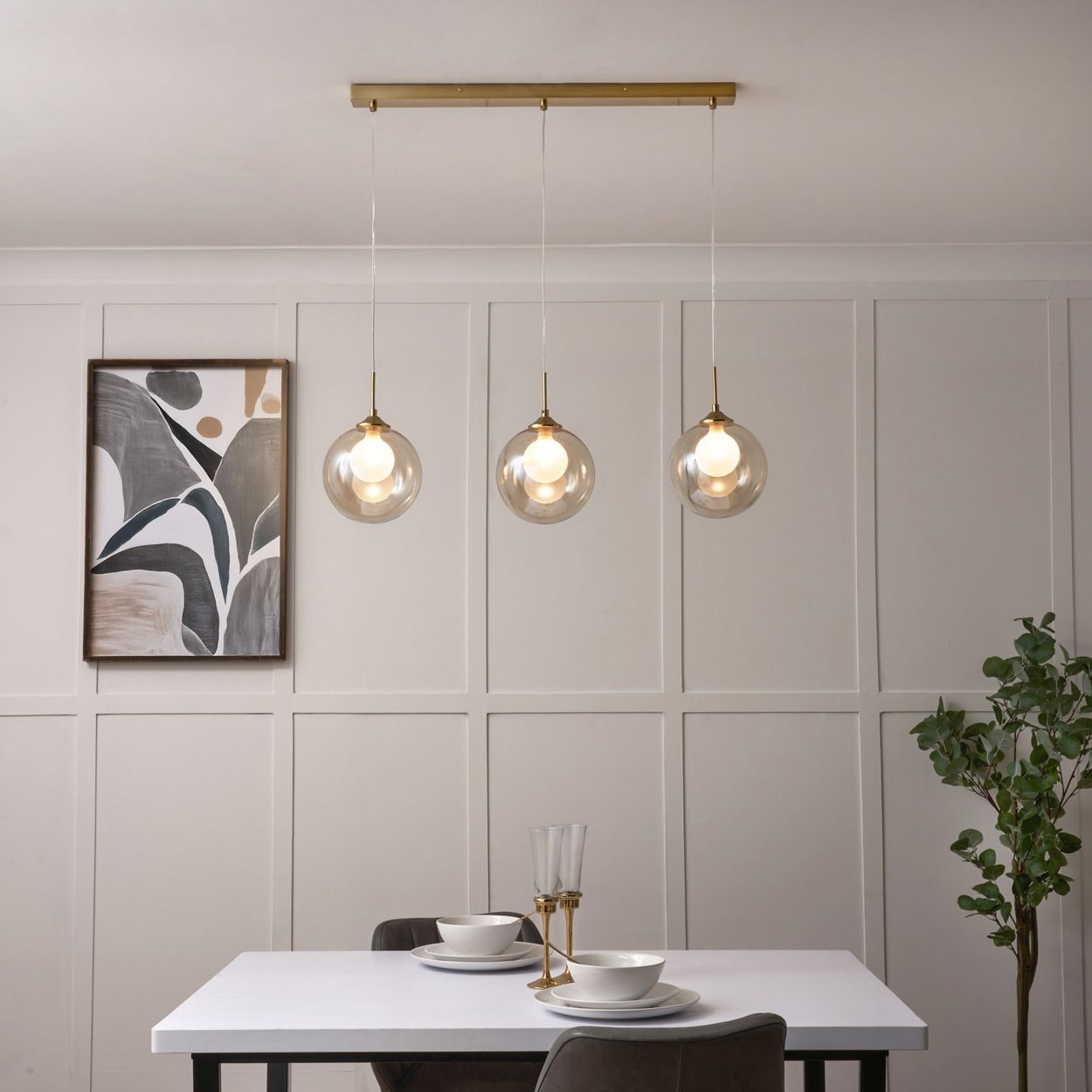 Capton 3 Light Glass Shade Diner Pendant Brass