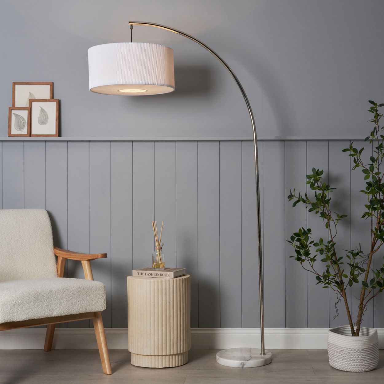 Ordino Marble Base Curved Floor Lamp Nickel