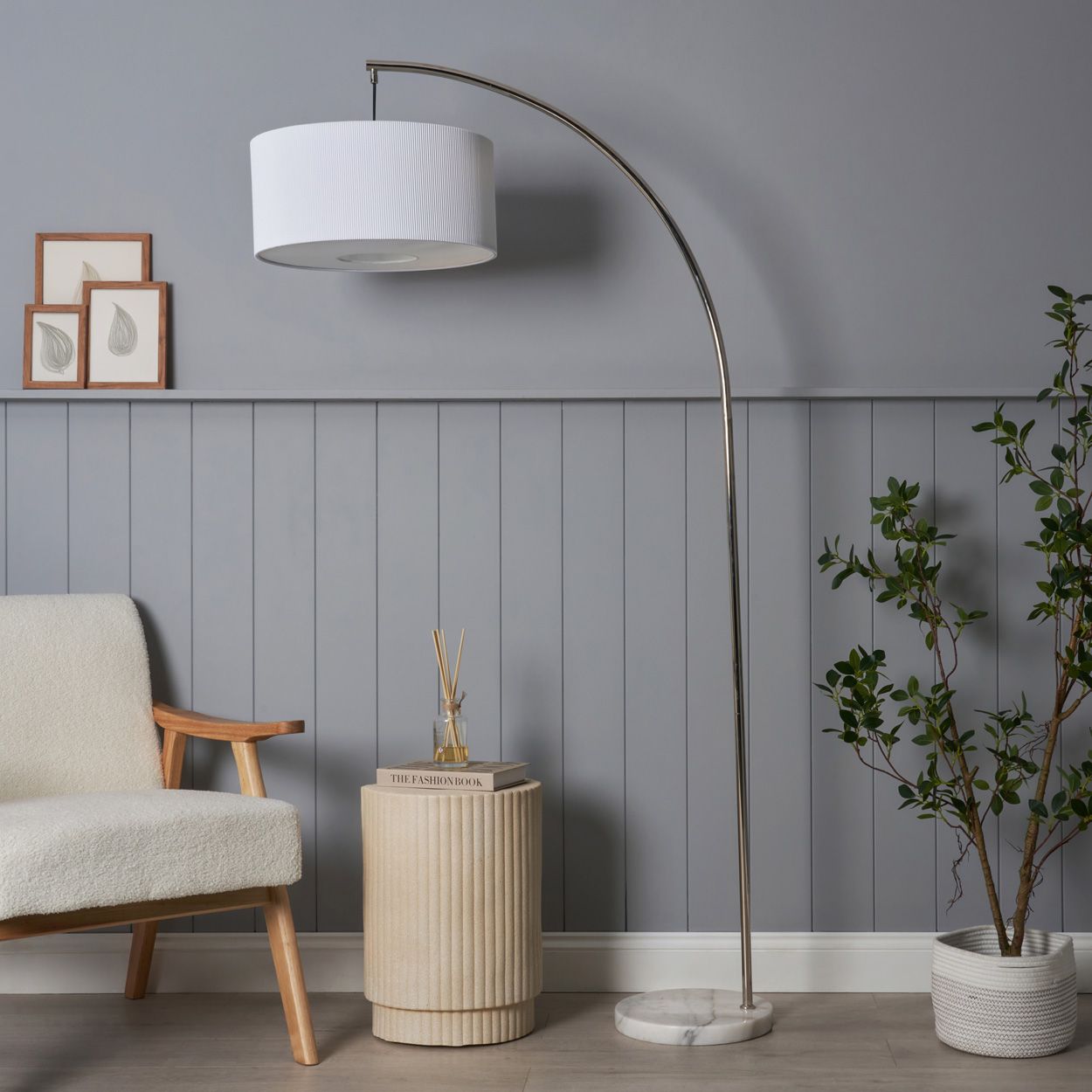 Ordino Marble Base Curved Floor Lamp Nickel