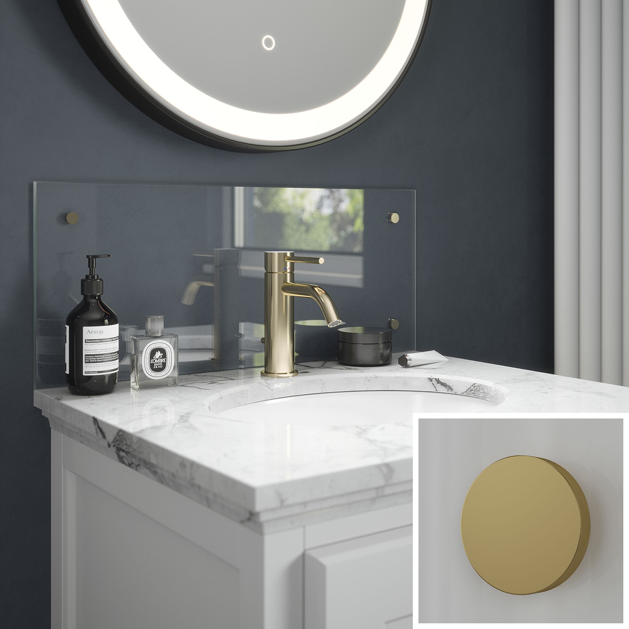 Clear Glass Bathroom Splashback / Brass 250x600mm