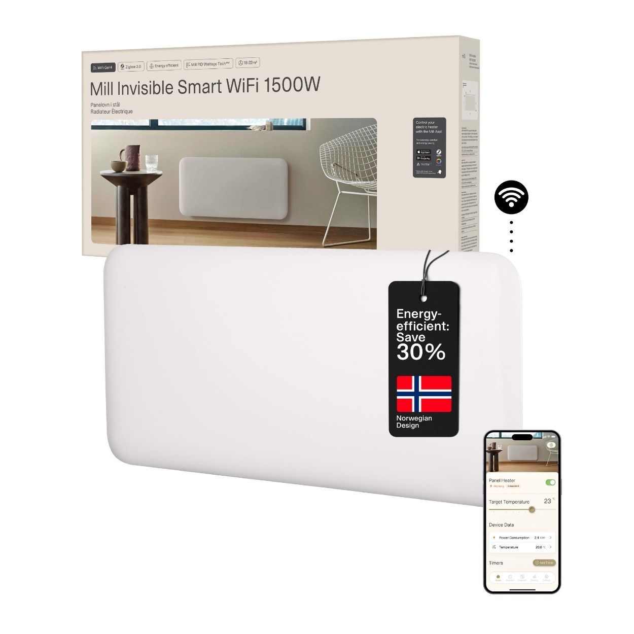 Mill Invisible Smart WiFi Panel Heater 1500W portable / wall-mounted  