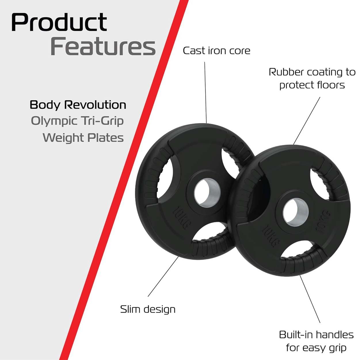 Olympic Tri-Grip Rubber Weight Plates - Black Pairs & Sets