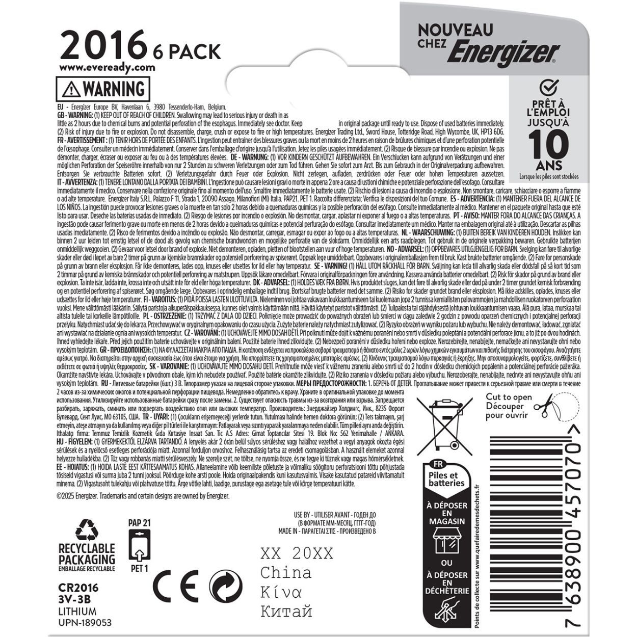Eveready Lithium CR2016 Battery 6 Pack