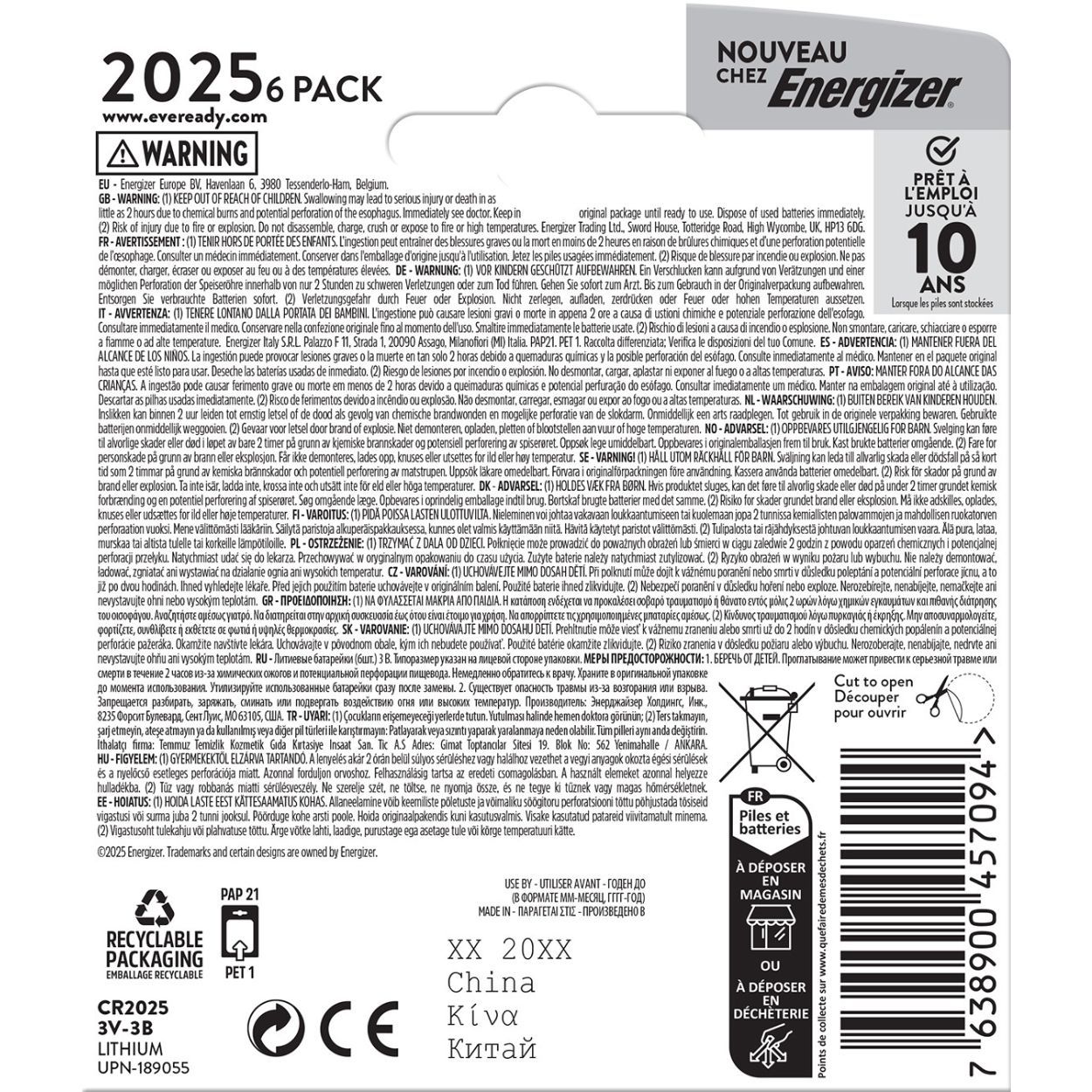 Eveready Lithium CR2025 Battery 6 Pack