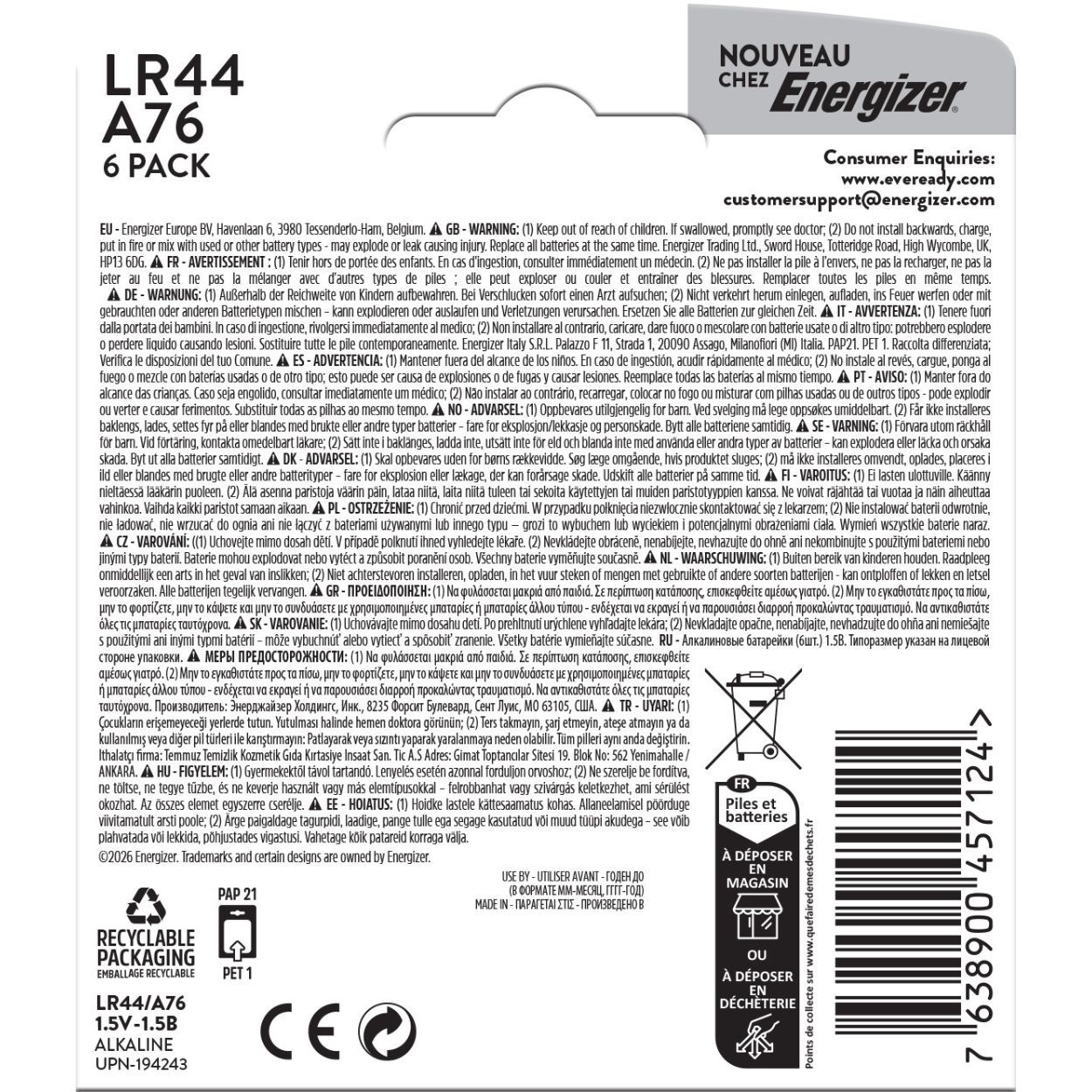 Eveready A76 LR44 Alkaline Battery 6 Pack