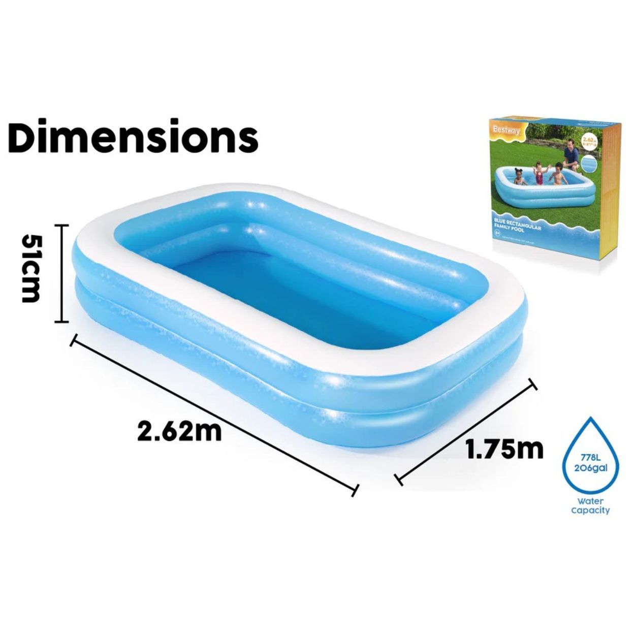 Bestway Blue Rectangular Inflatable Family Poll 2.62m