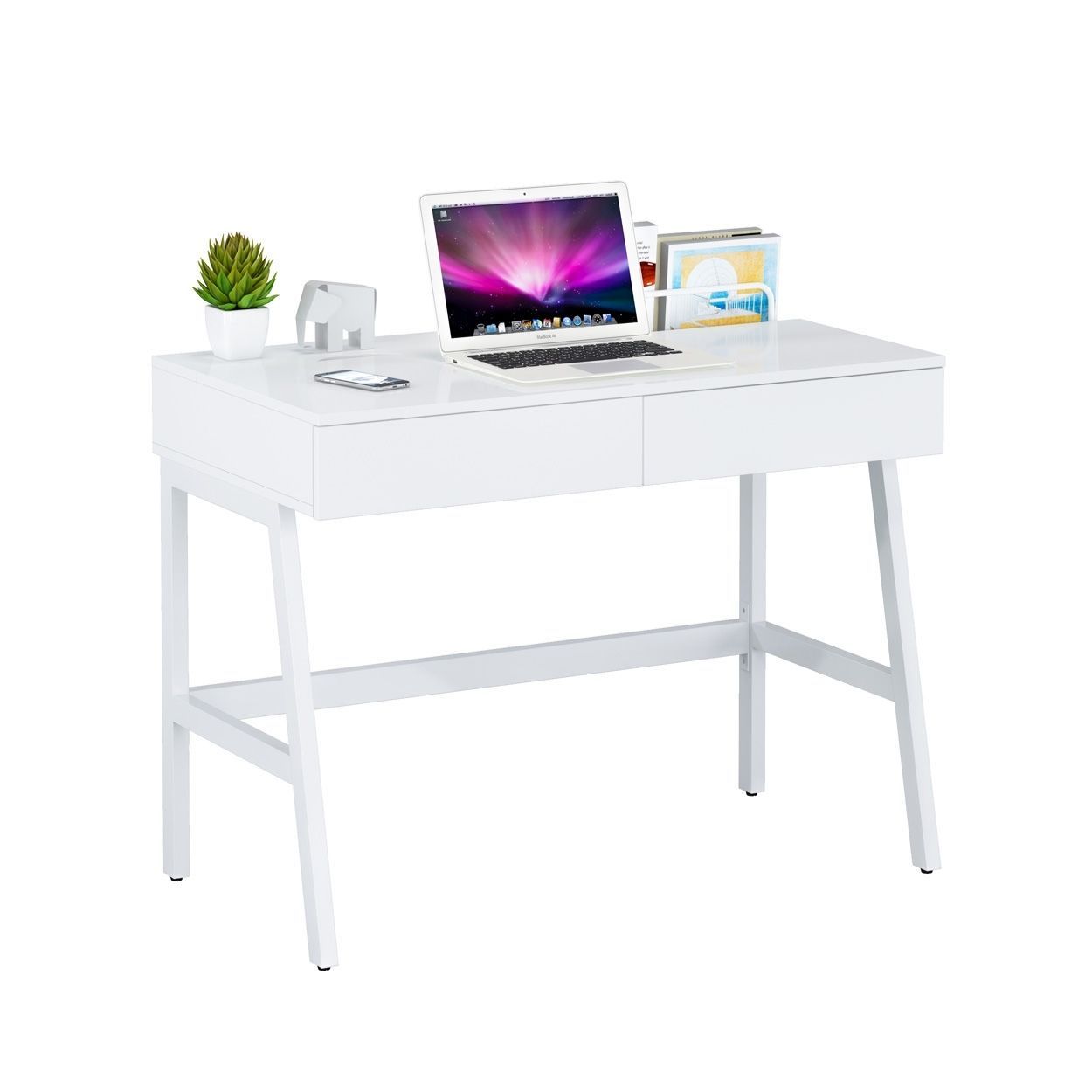 Two Drawer White High Gloss Desk 82x100x55cm