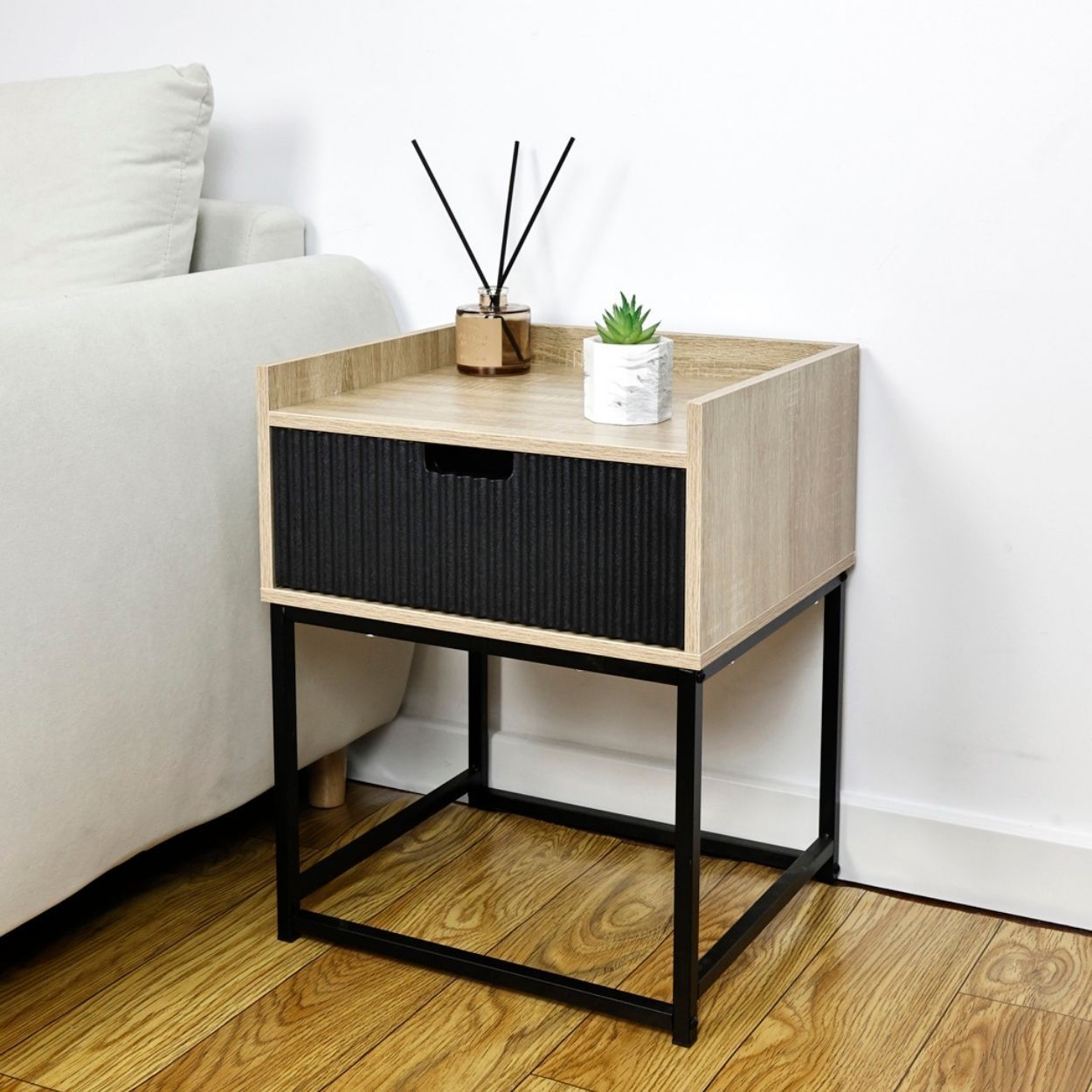 Black And Oak Effect Bedside Locker