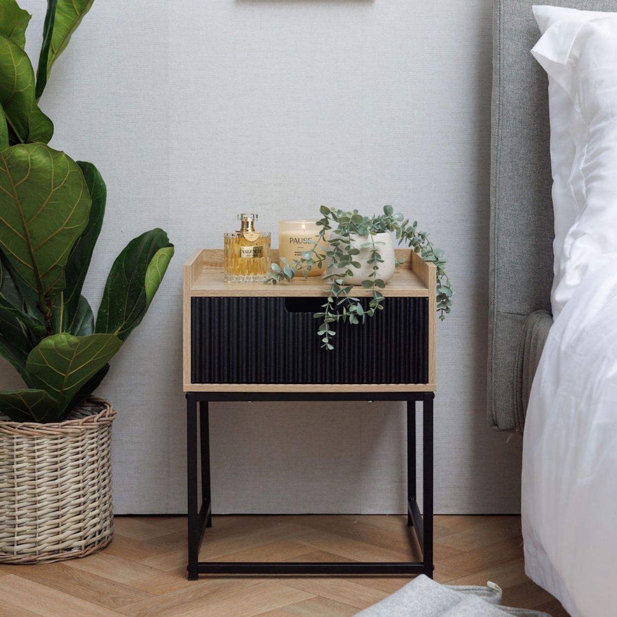 Black And Oak Effect Bedside Locker
