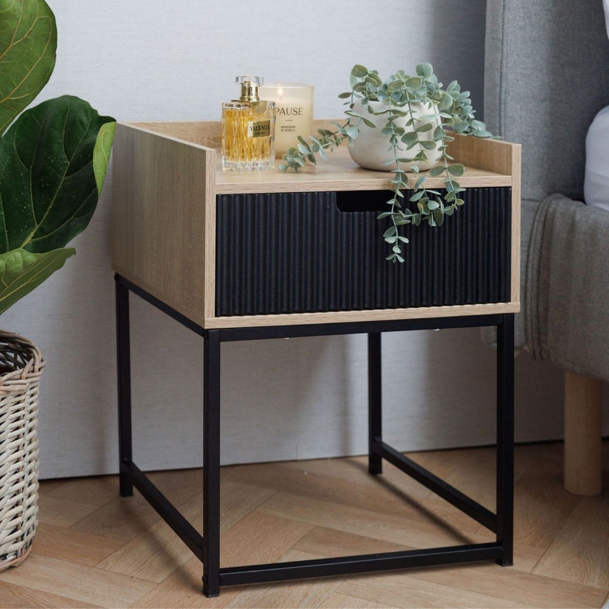 Black And Oak Effect Bedside Locker