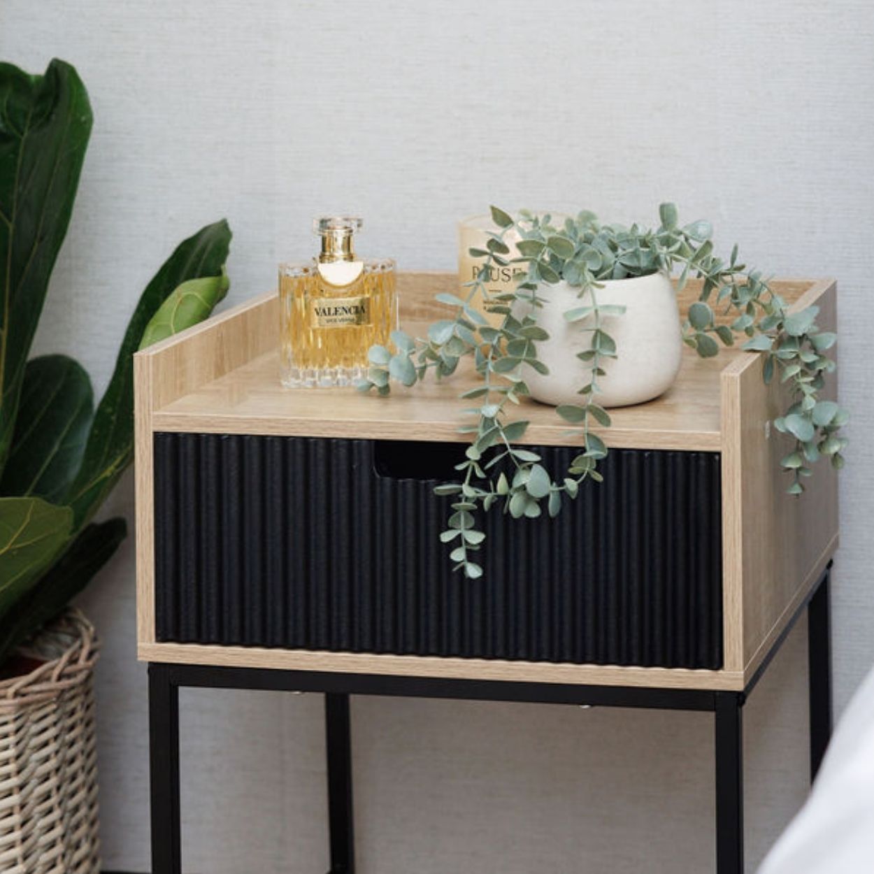 Black And Oak Effect Bedside Locker